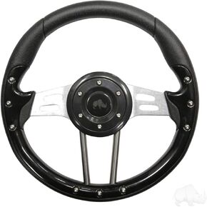 Red Hawk ACC-SW127 Steering Wheel Compatible With/Replacement For Aviator 4 Black Grip/Brushed Aluminum Spokes 13" Diameter Golf Carts