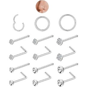 6-15Pcs 20G Nose Studs 18G Nose Rings Hoop for Women Men 316L Stainless Steel Clicker Hinged Nose Rings Hoop Straight L Shaped Nose Studs Nose Piercing Jewelry Silver Gold (Silver-CZ-L Shaped)