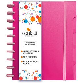 Confetti Discbound Notebook - Smart Wide Ruled Disc Planner with 4 Binder Dividers - Spill Proof Cover, Customizable Notepad with Removable Pages for School or Work - 120 sheets -Black/Pink Polka Dots