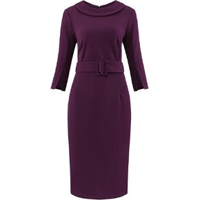 Women's Collared Sheath Dress Vintage Half Sleeve Pencil Dress with Belt