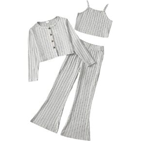 Girl's Clothing Set Cute Fall Outfits Kid Crop Top Ribbed Halter Button Cardigan Flare Pants Tween Girls Sweatsuits