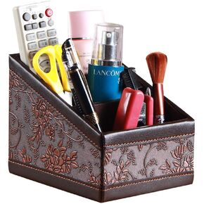 Leather Remote Control Holder with 3 Grid Desktop Storage Office Controller, for Media, Mail, Calculator, Mobile Phone and Pen Storage Remote Control and Caddy Holder