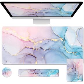 iCasso Purple Desk Mat Set Large Mouse Pad with Wrist Rest, 4in1 XXL Desk Pad+Keyboard Wrist Rest+ Mouse Wrist Rest+Coaster Set,Keyboard Pad for Home Office Gaming, Watercolor Flowers