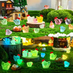 Wenqik 200 Pcs Luminous Mini Resin Chicken Easter Miniature Figurines Animal Chicken Glow in The Dark Tiny Chicken Hen Eggs Mini Garden Decor for Moss DIY Terrarium Crafts(Bright Colors)