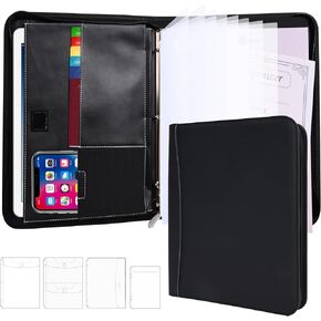 HAUTOCO PU Leather Folio Family Document Organizer Portfolio 3 Ring Binder with Zipper Professional Padfolio Folder with Pockets for Birth Certificates Social Security Cards Passports Important Papers