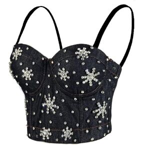 ELLACCI المرأة حجر الراين الزهور الدنيم بوستير المحاصيل الأعلى نادي حزب مشد أعلى أسود متوسط in Kuwait