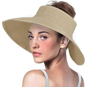 Straw Visor Sun Hats for Women,Travel Wide Brim Beach Hats,Packable Foldable Adjustable Sun Hat with Ponytail Hole,Beige