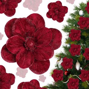 12 Pcs Christmas Velvet Poinsettia Burgundy Magnolia Flowers Ornaments Glitter Large Heads Artificial Magnolia Flowers for Christmas Tree Decorations Wedding Decor Supplies(Burgundy)