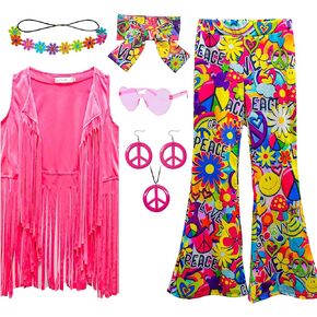 8 Pcs Girls Kids 60s 70s Hippie Costume Disco Outfits Fringe Vest Boho Bell Bottoms Hippie Outfits Accessories Set