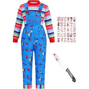 Kids Horror Killer Doll Costume Boy Girls Blue Jumpsuit with Sriped Shirt Chuckie Costume Toddler Halloween Costumes