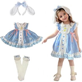 Girls Blue Lolita Dress Anime Cartoon Ruffle Sleeve Princess Outfits Halloween Cosplay Sweet Party Birthday Costume