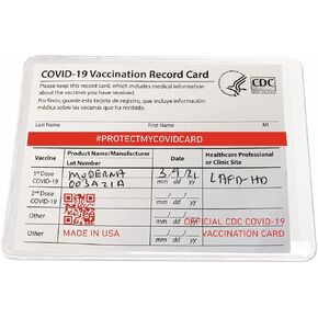 Generic Official CDC COVID-19 Vaccination Card Protector Custom Made in USA (3 Pack) Birthdate and Medical Info Hidden by Hashtag red line, Clear Recycled Plastic With Red Text and Images, 3.2 x 4.2