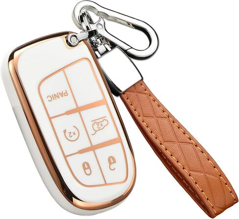 RICHBULL For Jeep Key Fob Cover with Leather Keychain,Premium Soft TPU Protection Key Case for Jeep Smart Key 3 4 5 Buttons Protector Challenge（White ） in Saudi Arabia