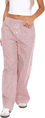Balimtoy Womens Casual Striped Wide Leg Trousers Y2k Stripe Elastic Low Rise Loose Pajamas Lounge Pants with Pockets in Saudi Arabia