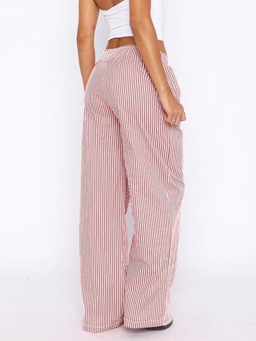 Balimtoy Womens Casual Striped Wide Leg Trousers Y2k Stripe Elastic Low Rise Loose Pajamas Lounge Pants with Pockets in Saudi Arabia