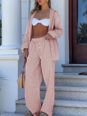 Balimtoy Womens Casual Striped Wide Leg Trousers Y2k Stripe Elastic Low Rise Loose Pajamas Lounge Pants with Pockets in Saudi Arabia