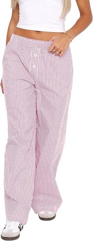 Balimtoy Womens Casual Striped Wide Leg Trousers Y2k Stripe Elastic Low Rise Loose Pajamas Lounge Pants with Pockets in Saudi Arabia