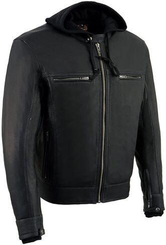 Milwaukee Leather MLM1552 Men's Black Leather ‘Utility Pocket’ Vented Scooter Style Motorcycle Jacket w/Hoodie in Saudi Arabia