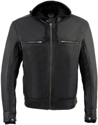 Milwaukee Leather MLM1552 Men's Black Leather ‘Utility Pocket’ Vented Scooter Style Motorcycle Jacket w/Hoodie in Saudi Arabia