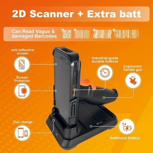 SOLUX PDA Handheld Android Barcode Scanner with Pistol Grip, Charging Cradle and Extra Battery -1D/2D/QR Inventory Scanner - Bluetooth, GPS, GSM, Rugged and Wi-Fi 6 - Enabled Handheld Terminal - 5.5" in Kuwait