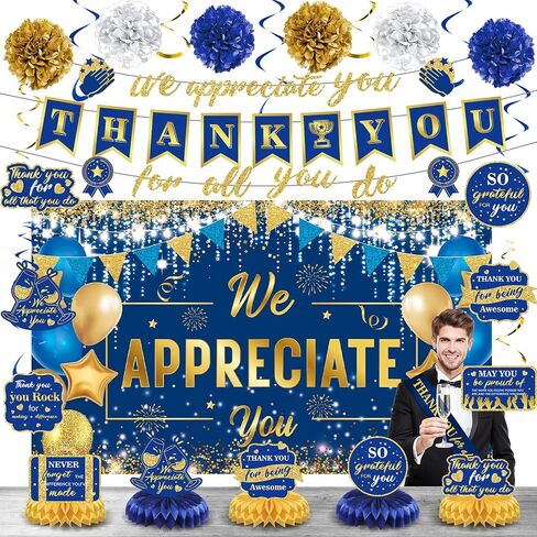 We Appreciate You Decorations Blue Gold Thank You for All You Do Banner Honeycomb Centerpieces Hanging Swirls Employee Staff Appreciation Gift Pastor Teacher Doctor Retirement Appreciation Party Decor in Saudi Arabia