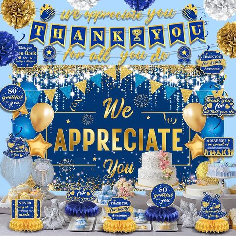 We Appreciate You Decorations Blue Gold Thank You for All You Do Banner Honeycomb Centerpieces Hanging Swirls Employee Staff Appreciation Gift Pastor Teacher Doctor Retirement Appreciation Party Decor in Saudi Arabia