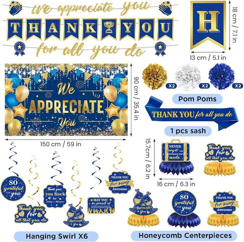 We Appreciate You Decorations Blue Gold Thank You for All You Do Banner Honeycomb Centerpieces Hanging Swirls Employee Staff Appreciation Gift Pastor Teacher Doctor Retirement Appreciation Party Decor in Saudi Arabia