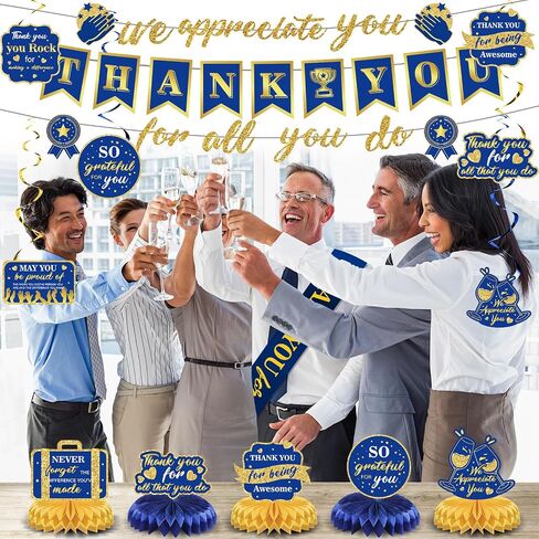 We Appreciate You Decorations Blue Gold Thank You for All You Do Banner Honeycomb Centerpieces Hanging Swirls Employee Staff Appreciation Gift Pastor Teacher Doctor Retirement Appreciation Party Decor in Saudi Arabia