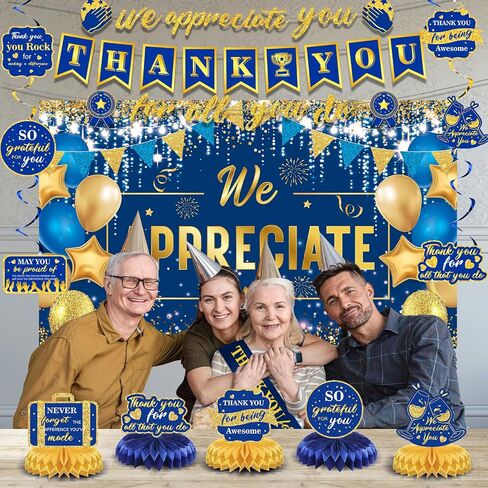 We Appreciate You Decorations Blue Gold Thank You for All You Do Banner Honeycomb Centerpieces Hanging Swirls Employee Staff Appreciation Gift Pastor Teacher Doctor Retirement Appreciation Party Decor in Saudi Arabia