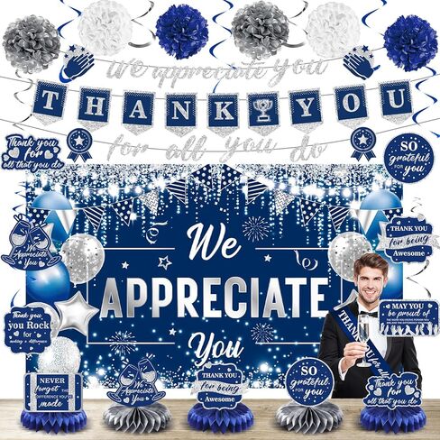 We Appreciate You Decorations Blue Gold Thank You for All You Do Banner Honeycomb Centerpieces Hanging Swirls Employee Staff Appreciation Gift Pastor Teacher Doctor Retirement Appreciation Party Decor in Kuwait