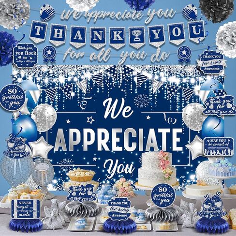 We Appreciate You Decorations Blue Gold Thank You for All You Do Banner Honeycomb Centerpieces Hanging Swirls Employee Staff Appreciation Gift Pastor Teacher Doctor Retirement Appreciation Party Decor in Kuwait