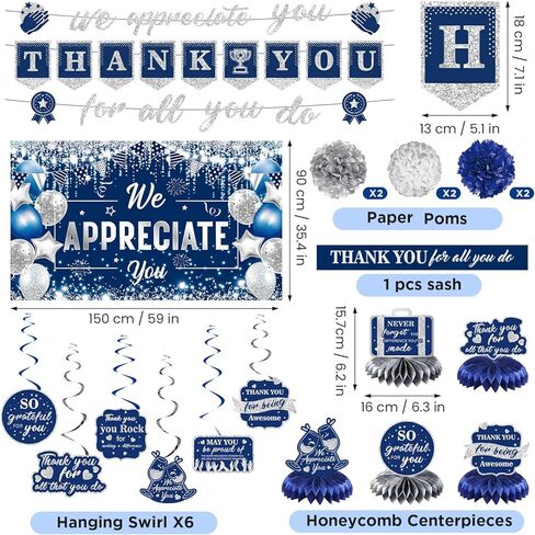 We Appreciate You Decorations Blue Gold Thank You for All You Do Banner Honeycomb Centerpieces Hanging Swirls Employee Staff Appreciation Gift Pastor Teacher Doctor Retirement Appreciation Party Decor in Kuwait
