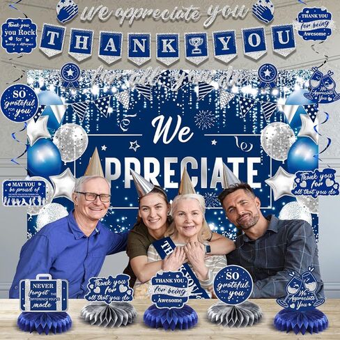 We Appreciate You Decorations Blue Gold Thank You for All You Do Banner Honeycomb Centerpieces Hanging Swirls Employee Staff Appreciation Gift Pastor Teacher Doctor Retirement Appreciation Party Decor in Kuwait