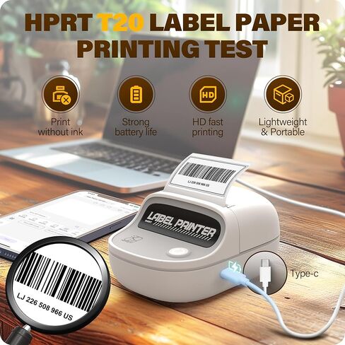 طابعة ملصقات حرارية HPRT T20 بلوتوث، أجهزة طباعة ملصقات محمولة متوافقة مع Android وiOS، الكمبيوتر الشخصي للحياة اليومية والأعمال، مع ملصق 1 لفة 2 بوصة، أبيض in Kuwait
