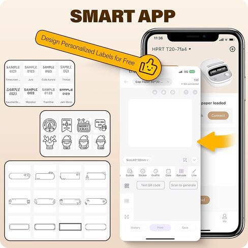 طابعة ملصقات حرارية HPRT T20 بلوتوث، أجهزة طباعة ملصقات محمولة متوافقة مع Android وiOS، الكمبيوتر الشخصي للحياة اليومية والأعمال، مع ملصق 1 لفة 2 بوصة، أبيض in Kuwait