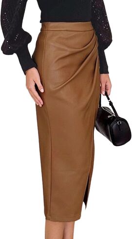 Ezcosplay Womens Faux Leather Midi Skirt High Waisted Wrap Ruched Front Slit Zip Back Bodycon Skirts in Kuwait