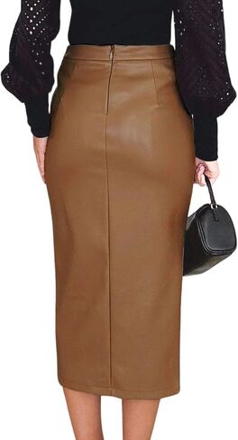 Ezcosplay Womens Faux Leather Midi Skirt High Waisted Wrap Ruched Front Slit Zip Back Bodycon Skirts in Kuwait