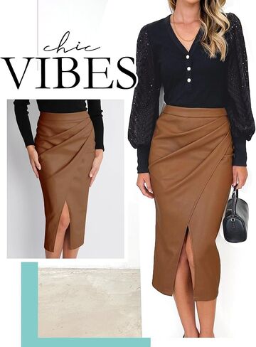 Ezcosplay Womens Faux Leather Midi Skirt High Waisted Wrap Ruched Front Slit Zip Back Bodycon Skirts in Kuwait