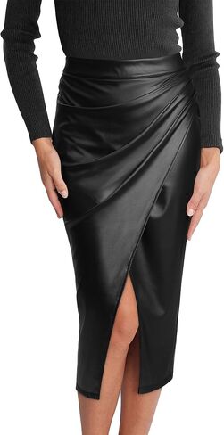 Ezcosplay Womens Faux Leather Midi Skirt High Waisted Wrap Ruched Front Slit Zip Back Bodycon Skirts in Kuwait