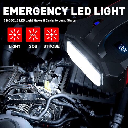 جهاز تشغيل القفز مع ضاغط هواء، حزمة بطارية 3500 أمبير مع منفاخ إطارات 150 رطل لكل بوصة مربعة، جهاز تشغيل السيارة 12 فولت مع ضوء LED، شحن سريع 24 وات، لجميع محركات الغاز وما يصل إلى 8.0 لتر in Kuwait