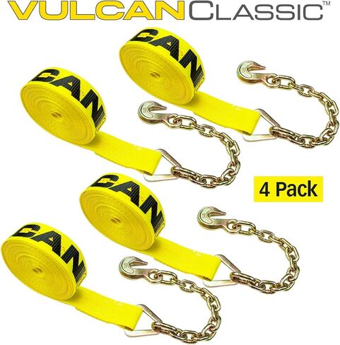 VULCAN Winch Strap with Chain Anchor - 2 Inch x 27 Foot - 4 Pack - Classic Yellow - 3,600 Pound Safe Working Load in Saudi Arabia
