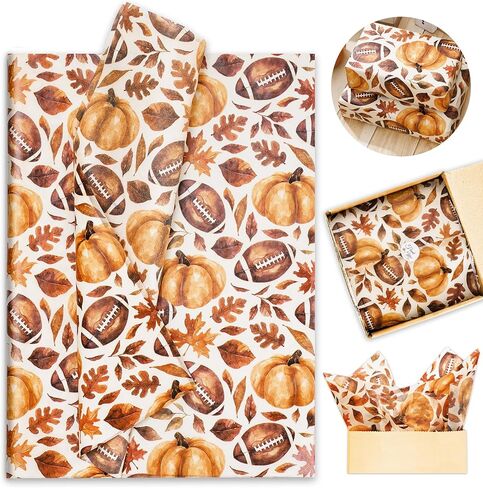 AnyDesign 100Pcs Football Tissue Papers Watercolor Fall Pumpkin Maple Leaves Wrapping Papers Vintage Art Craft Papers for Autumn Thanksgiving Home Baby Shower Party DIY Gift Bags Decor, 14 x 20 Inch in Saudi Arabia