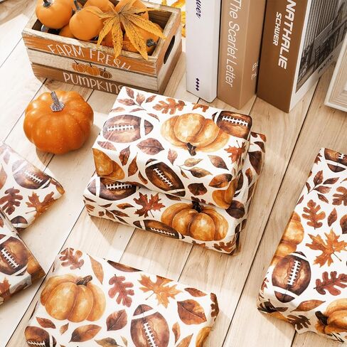 AnyDesign 100Pcs Football Tissue Papers Watercolor Fall Pumpkin Maple Leaves Wrapping Papers Vintage Art Craft Papers for Autumn Thanksgiving Home Baby Shower Party DIY Gift Bags Decor, 14 x 20 Inch in Saudi Arabia