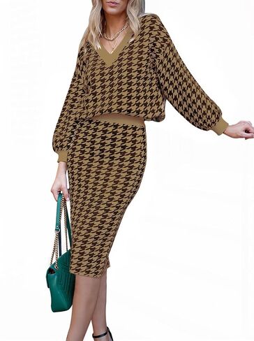 HUUSA Women 2 Piece Sweater Midi Pencil Skirt Set Fall Winter Split Dress Batwing Long Sleeve Oversized Top Casual Outfit in Kuwait