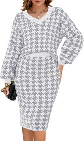 HUUSA Women 2 Piece Sweater Midi Pencil Skirt Set Fall Winter Split Dress Batwing Long Sleeve Oversized Top Casual Outfit in Kuwait