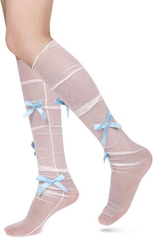 Benefeet Sox Womens Girls White Sheer Knee High Socks Novelty 3D Bows Mesh Lace Knee High Stockings Cute Lolita Socks Gifts in Kuwait