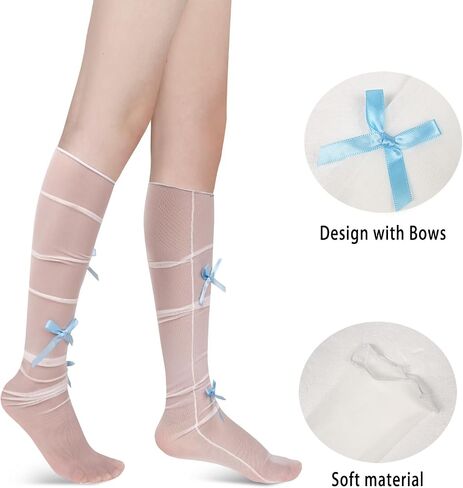Benefeet Sox Womens Girls White Sheer Knee High Socks Novelty 3D Bows Mesh Lace Knee High Stockings Cute Lolita Socks Gifts in Kuwait