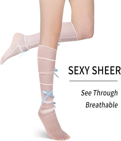 Benefeet Sox Womens Girls White Sheer Knee High Socks Novelty 3D Bows Mesh Lace Knee High Stockings Cute Lolita Socks Gifts in Kuwait