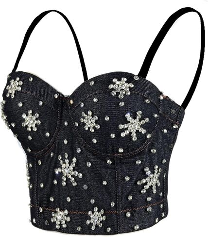 ELLACCI المرأة حجر الراين الزهور الدنيم بوستير المحاصيل الأعلى نادي حزب مشد أعلى أسود متوسط in Kuwait