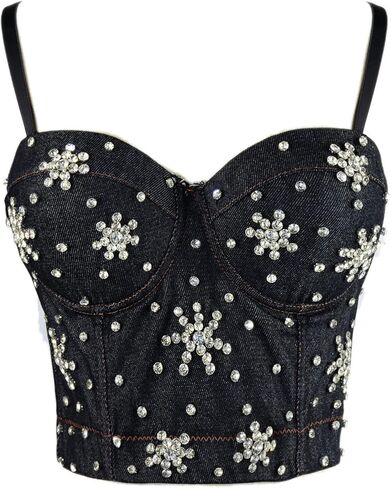 ELLACCI المرأة حجر الراين الزهور الدنيم بوستير المحاصيل الأعلى نادي حزب مشد أعلى أسود متوسط in Kuwait